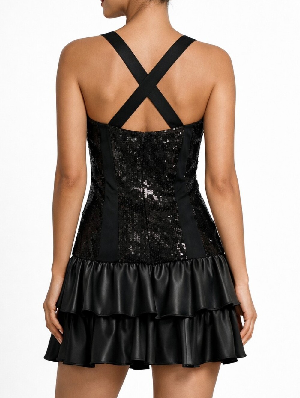 Black Sequin Ruffle Tiered Dress Large 12/14 - Picture 3 of 11